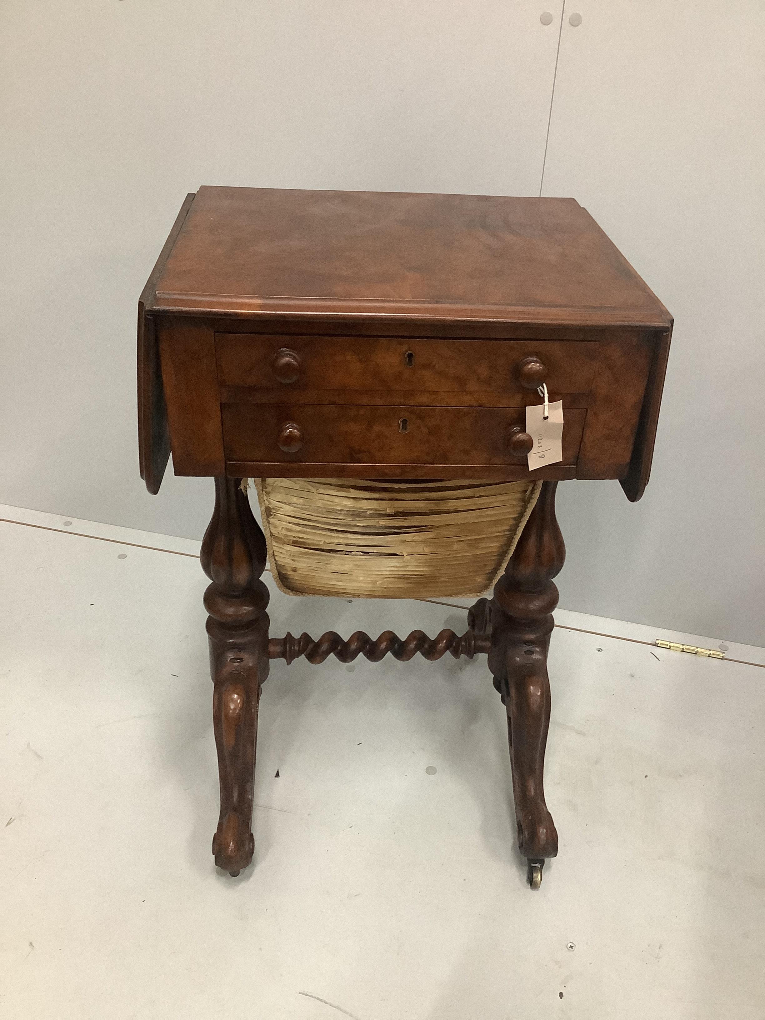 A Victorian burr walnut drop flap work table, width 48cm, depth 36cm, height 74cm